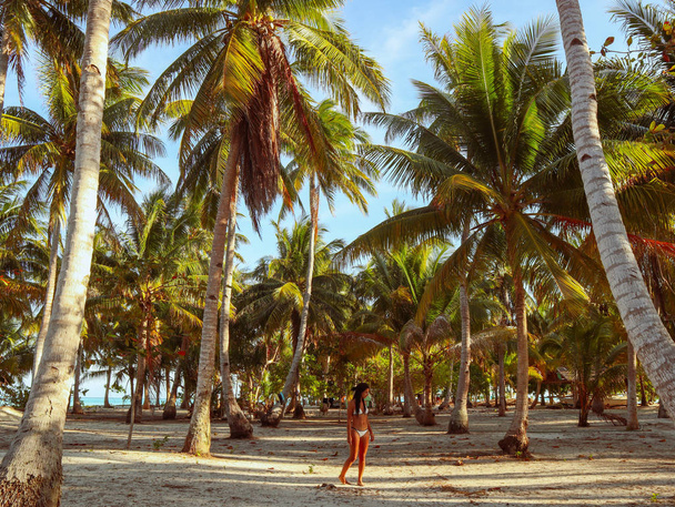 woman walking around into the palm tree jungle in Onok island in Balabac in Philippines - Zdjęcie, obraz