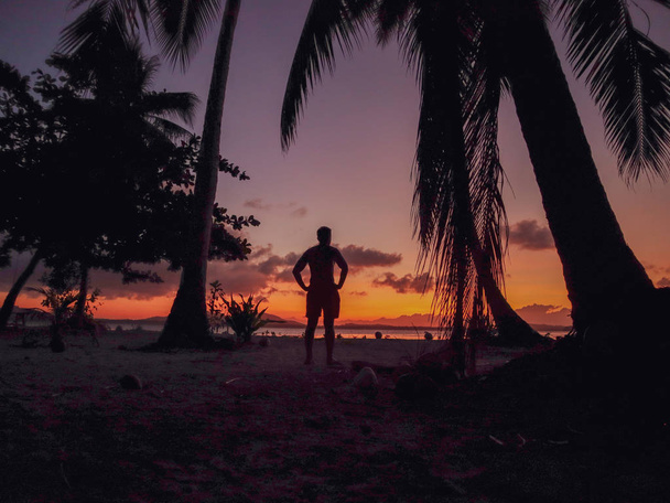 バラバクフィリピンのカンダラマン島でヤシの木で夕日を見ている男 - 写真・画像