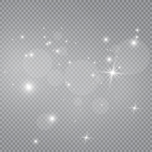 Polvo blanco. Las chispas blancas y las estrellas doradas brillan con una luz especial. El vector brilla sobre un fondo transparente. Patrón abstracto de Navidad. Partículas de polvo mágico chispeantes
. - Vector, Imagen