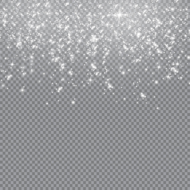 ダスト ホワイト。白い火花し、特殊な光で輝く黄金の星。ベクトルの背景は透明で輝き。クリスマスの抽象的なパターン。輝く魔法の塵の粒子. - ベクター画像