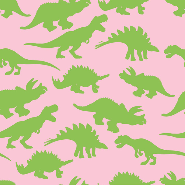 Πράσινο χρώμα δεινόσαυροι σιλουέτα απρόσκοπτη μοτίβο σε ροζ φόντο - Διάνυσμα, εικόνα