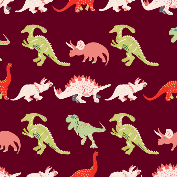 farbenfrohe Dinosaurier mit nahtlosem Muster auf braunem Hintergrund - Vektor, Bild