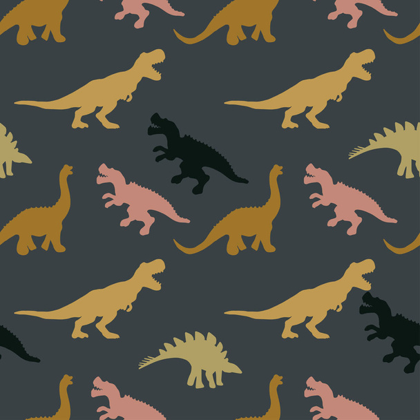 Pastel colours dinosaurs silhouette seamless pattern on dark grey colour background - Vector, Image