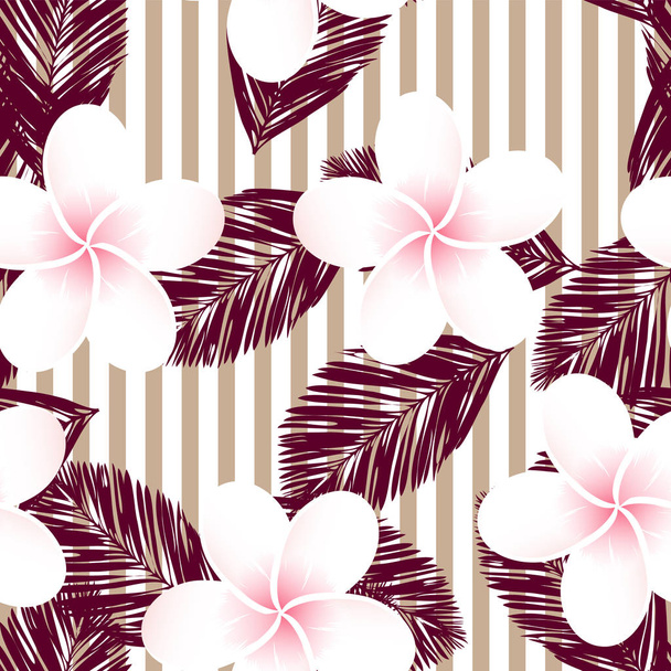 Patrón inconsútil tropical vectorial rayado de color. Plumeria, frangipani. Vector exótico playa fondo de pantalla patrón sin costuras
. - Vector, Imagen