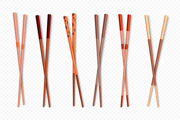 Potravinové hůlky. Dřevěné čínské hole pro asijské pokrmy, různé typy barevných bambusových potravinových tyčinek. Vektorová izolovaná množina - Vektor, obrázek