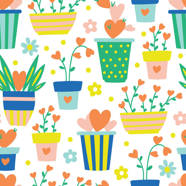 Seamless pattern for valentine's day with flower pots and heart  - Vektori, kuva