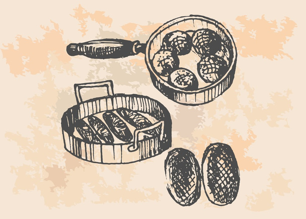Frango na frigideira - Retro Clipart Ilustração
 - Vetor, Imagem