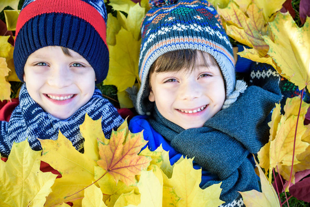 Outono dourado, grupo de crianças jazem de costas em folhas amarelas, crianças felizes no parque de outono deitado em folhas
 - Foto, Imagem