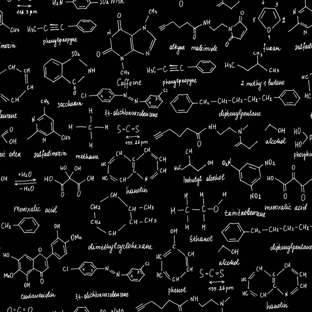 Organic compounds. Seamless texture. Sketch of the school blackboard with the chemestry organic compound. Organic chemistry. - Vector, Image