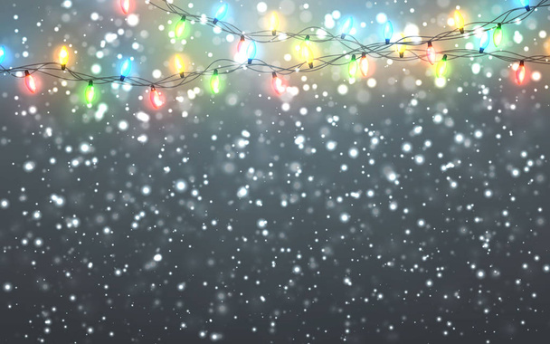 Christmas snow. Falling white snowflakes on dark background. Xmas Color garland, festive decorations. Glowing christmas lights. Vector snowfall, snowflakes flying in winter air - Vector, Image
