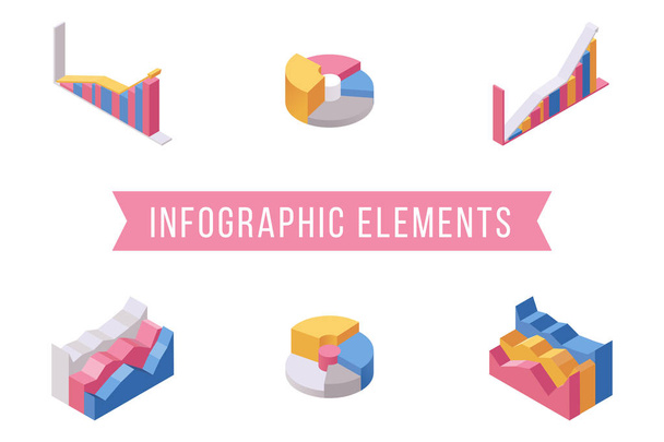 İş infografik öğeleri izometrik çizimler ayarlayın. Çeşitli histogramlar, çok renkli pasta ve yığılmış alan grafikleri toplama. Finansal sunum diyagramları, veri görselleştirme 3d simgeler paketi - Vektör, Görsel