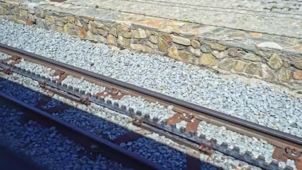 Tandrad spoorrails in beweging. Cremallera trein van Nuria in de Spaanse Pyreneeën - Video