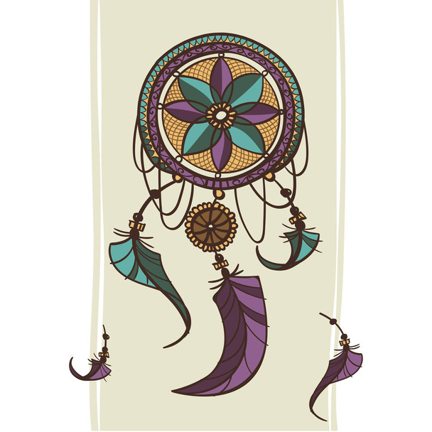 Dreamcatcher höyhenillä etninen tulostaa intiaanien boho design, mysteeri symboli, käsin piirretty heimon mustalainen hengellinen tatuointi kortti. Vektorikuvaus unisiepparista
 - Vektori, kuva