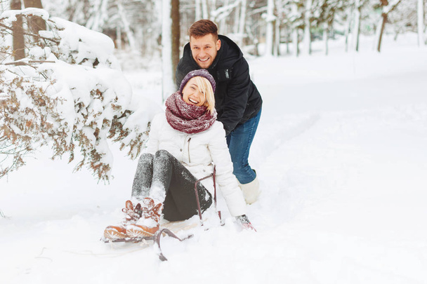 Cute young couple having time together, having fun in park, sled - Photo, Image