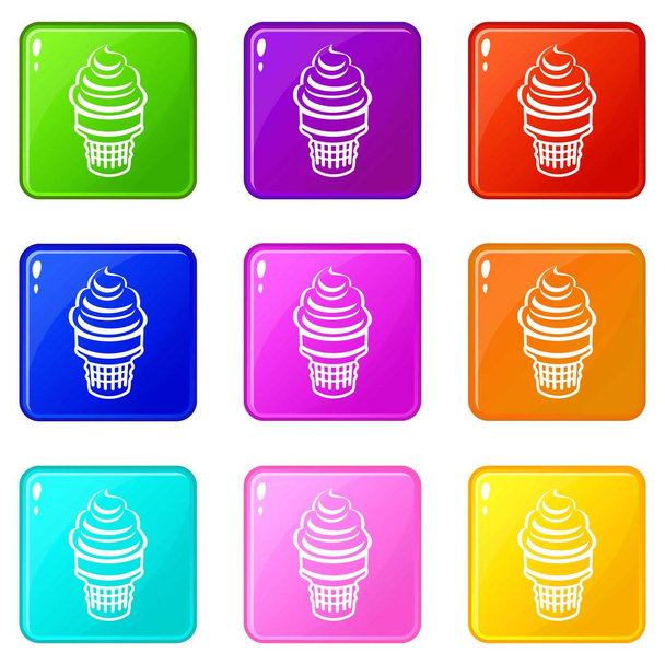 Ice cream in waffle cup icons set 9 color collection - Vecteur, image