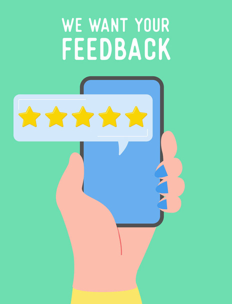 Feedback concept illustration. People holding phone and rate service, user experience. Five stars positive opinion, good review. Vector cartoon - Vector, Image