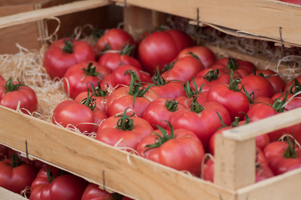 closeup of organic tomatoes in wooden box  at the market - Zdjęcie, obraz