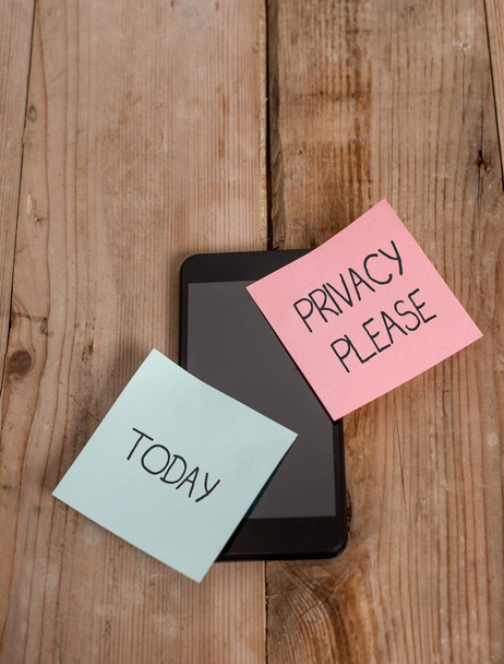 Handwriting text Privacy Please. Concept meaning asking someone to respect your demonstratingal space Leave alone Smartphone two colored sticky notes lying vintage old wooden background. - Photo, Image