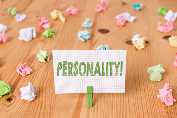 Conceptual hand writing showing Personality. Business photo showcasing combination characteristics that form individuals character Colored crumpled papers wooden floor background clothespin. - Photo, Image