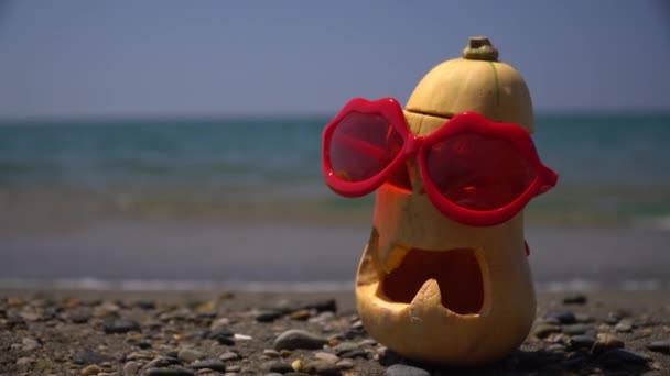 Lantern Pumpkin in sunglasses on the beach against the sea summer day - Footage, Video