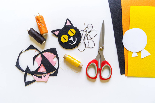 Craft diy from felt black cat. Mystery holiday halloween. - Foto, imagen