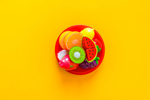 Children's toys vegetables fruits and products for the game of the store. Flat lay Copy space - Foto, Imagen