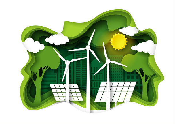 ECO city with green energy, vector paper cut illustration - Vecteur, image