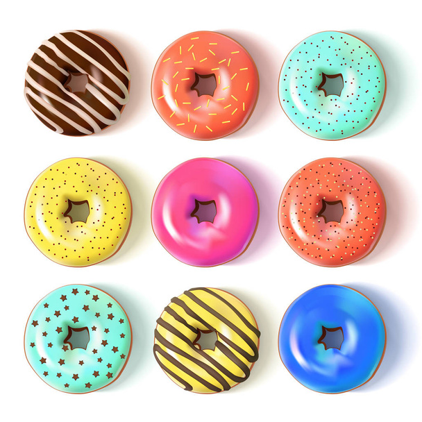 Glazed colored donuts set 3D. Vector Illustration - Vektör, Görsel