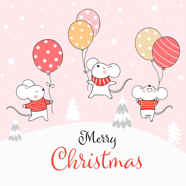 Τράβηξε χαριτωμένο ποντίκι κρατώντας μπαλόνι στο χιόνι για την ημέρα των Χριστουγέννων και το νέο έτος. Απεικόνιση διανυσματικών φορέων - Διάνυσμα, εικόνα