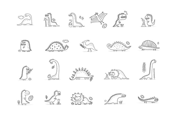 Αστεία συλλογή δεινοσαύρων, παιδικό στυλ. Χρωματισμός σελίδα για το σχέδιό σας - Διάνυσμα, εικόνα