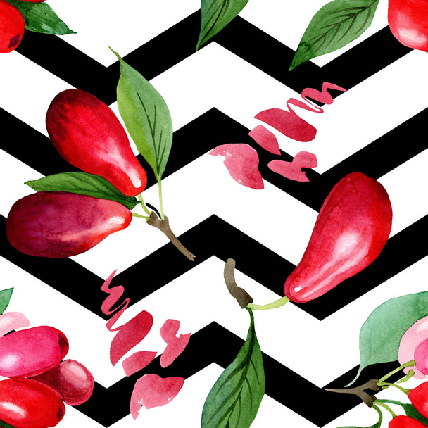 Hartriegel rote Früchte und grüne Blätter. Aquarell Hintergrundillustration Set. nahtloses Hintergrundmuster. - Foto, Bild