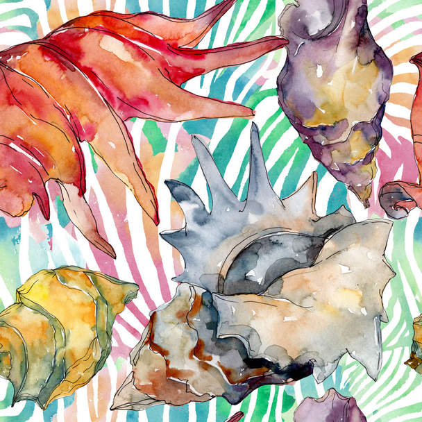 Summer beach seashell tropical elements. Watercolor illustration set. Seamless background pattern. - Foto, imagen