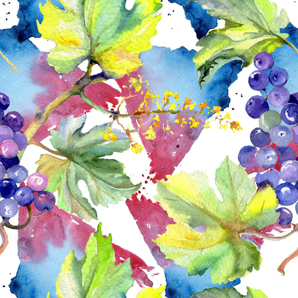 Grape berry healthy food in a watercolor style. Watercolor background set. Seamless background pattern. - Fotó, kép