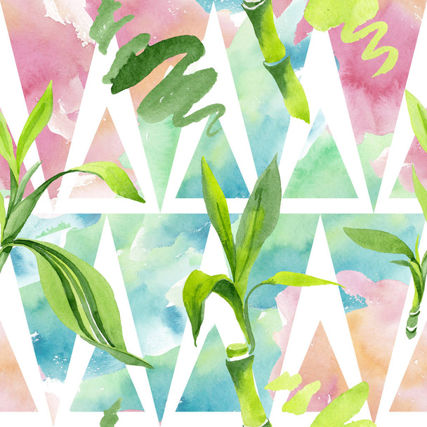 Bamboo green leaves. Watercolor background illustration set. Seamless background pattern. - Foto, Imagen