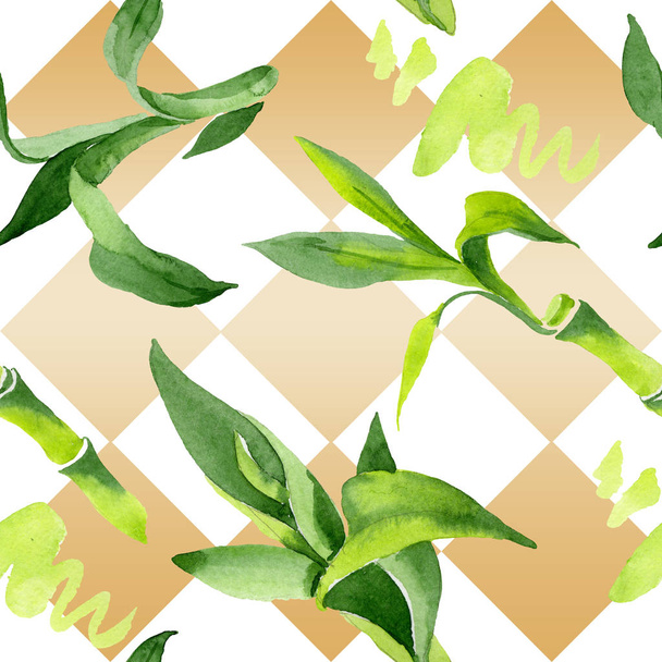 Bamboo green leaves. Watercolor background illustration set. Seamless background pattern. - Photo, Image