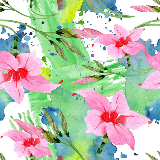 Pink mandevilla floral botanical flowers. Watercolor illustration background set. Seamless background pattern. - Foto, immagini