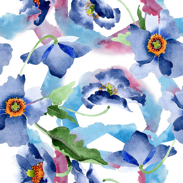 Blauwe klaproos Floral botanische bloemen. Aquarel achtergrond illustratie instellen. Naadloos achtergrond patroon. - Foto, afbeelding