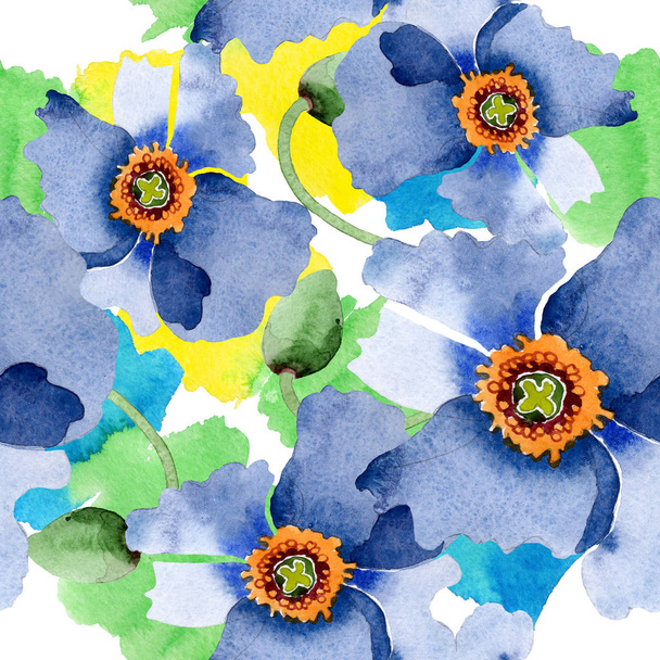 Flores botánicas florales de amapola azul. Conjunto de ilustración de fondo acuarela. Patrón de fondo sin costuras
. - Foto, imagen