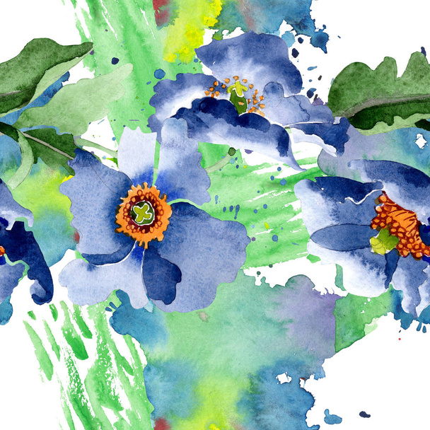 Niebieski MAK kwiatowy kwiatów botanicznych. Akwarela zestaw ilustracji tła. Płynny wzór tła. - Zdjęcie, obraz