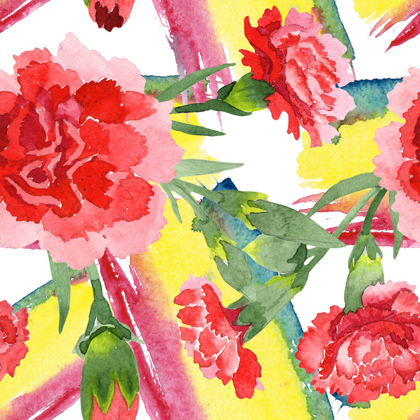 Dianthus rojo flores botánicas florales. Conjunto de ilustración de fondo acuarela. Patrón de fondo sin costuras
. - Foto, imagen