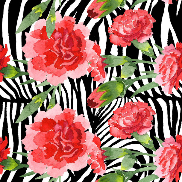 赤いダイアンサスの花の植物の花。●水彩背景イラストセット。シームレスな背景パターン. - 写真・画像
