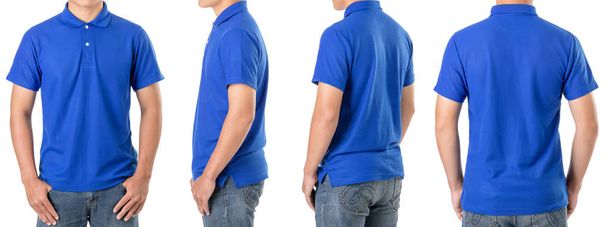 アジアの若い男性は青いポロTシャツのブランクを着る - 写真・画像