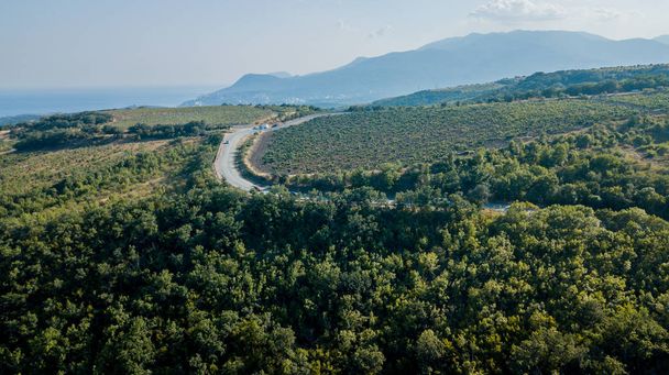 Crimean roads: aerial view of curvy mountain road in summer day - Photo, image