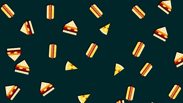 Verschillende fast food vliegen geïsoleerd op groene achtergrond, naadloze lus. Animatie. Snijwonden van cartoon pizza, hotdogs, en sandwiches zwaaien chaotisch. - Foto, afbeelding