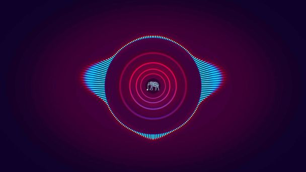 Animation abstraite d'égaliseur de cercle d'onde sonore coloré avec silhouette néon animée d'éléphant au centre. Animation. Simulation du spectre audio pour la musique, le calcul informatique et l'animation
. - Photo, image