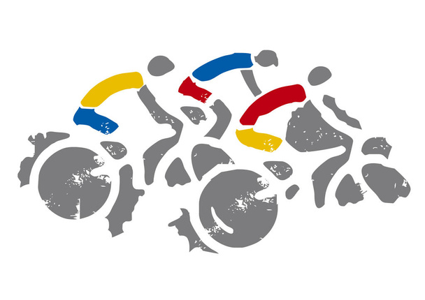 Ciclismo corredores, bicicleta de montaña, grunge icono expresivo. Colorida ilustración abstracta estilizada de tres ciclistas. Adecuado para imprimir camisetas. Vector disponible
. - Vector, Imagen