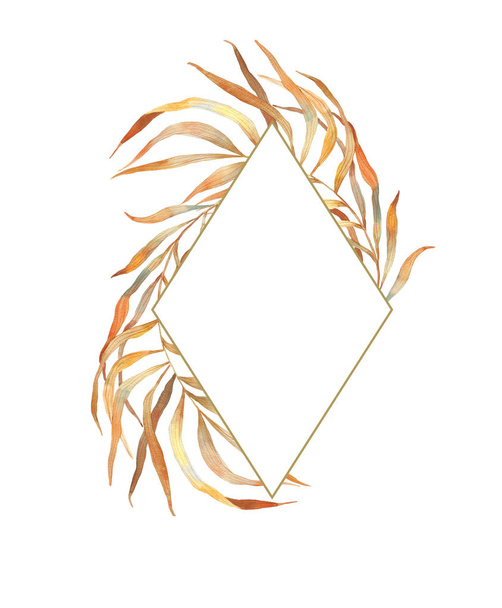 Акварельная ботаническая золотая рамка в форме алмаза с осенними ветвями. Винтажное свадебное приглашение. Рамка из ромбов. Акварельная ботаническая иллюстрация
. - Фото, изображение