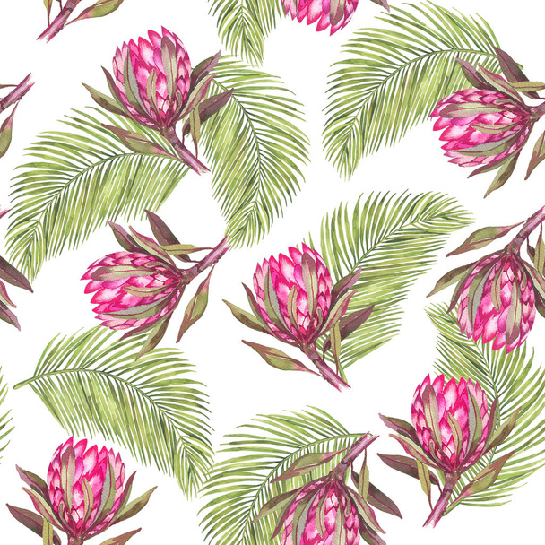 Watercolor tropical pattern. Fabric design. Exotic flower protea. Textiles print. Botanical illustration. Wrapping paper, packaging,tropical sunny print, exotic flower. Design for fabric, paper, gifts, wedding decorations. - Photo, Image