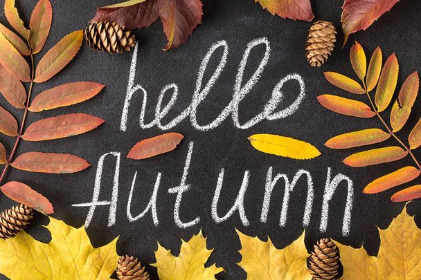 Hello Autumn white chalk lettering on blackboard. - Фото, зображення