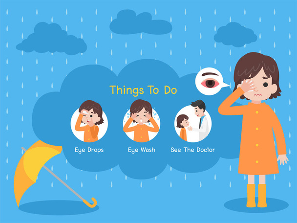 meisje dragen oranje regenjas hebben een rode ogen conjunctivitis met gele paraplu in de regen, regen ziek, regendruppel, medische gezondheidszorg concept dingen te doen, ziek, wolk blauwe achtergrond, cartoon - Vector, afbeelding